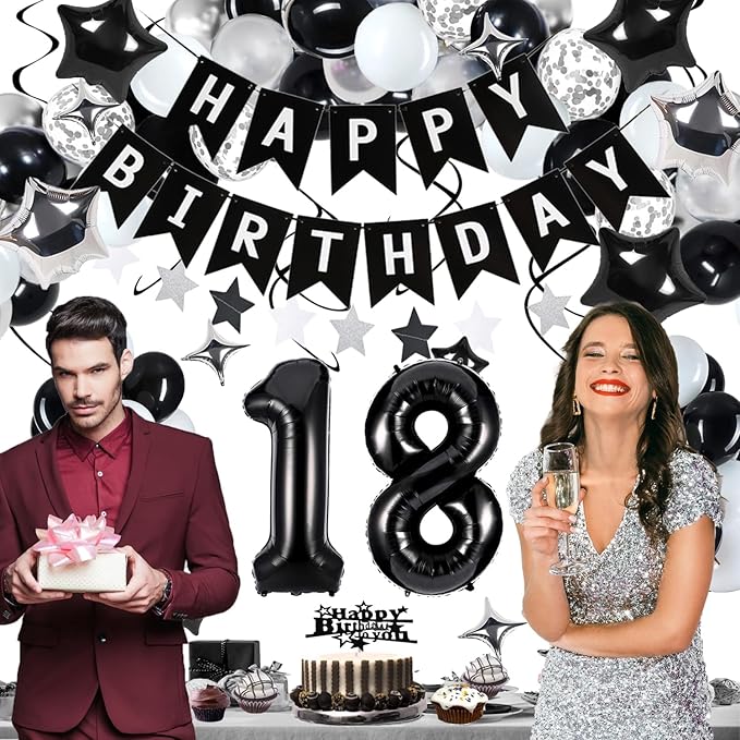 18th Birthday Decorations for Boy Girl, Black White and Silver Happy 18 Party Decor Set with 18 Number Foil Balloons, Banner, Cake Topper for Him Her