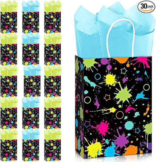 Funrous 30 Pcs Neon Party Favor Bags with Tissue Paper Glow in The Dark Gift Bags with Handle Neon Goodie Candy Treat Baggies for Glow Theme Birthday Baby Shower Party Decoration Supplies