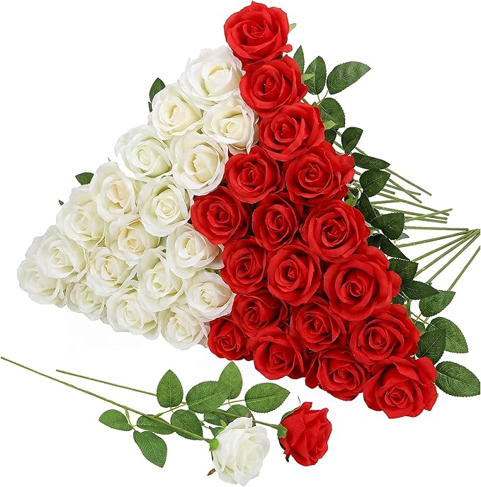 36 Pcs Red and White Rose Artificial Roses Flowers Bouquet Centerpiece,Fake Silk Rose Stem Realistic Artificial Flowers Bulk for Bridal Wedding Bouquet Ball Arrangement Party Decor