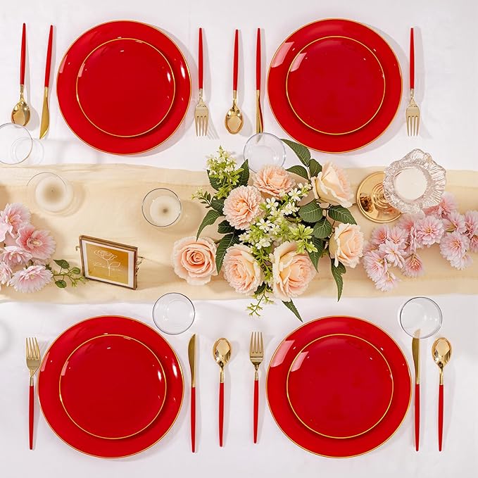 DaYammi 150Pcs Red Plastic Plates & Gold Cutlery with Red Handle,Red Disposable Plates Set Include 30 Dinner Plate, 30 Dessert Plate,30 Knives,30 Forks,30 Spoons for Mother's Day Party Wedding