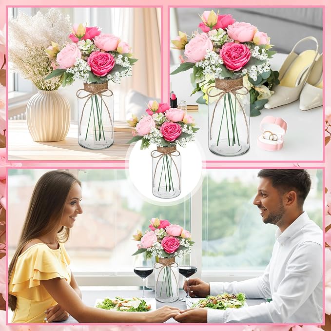 Zeyune 6 Sets Mason Jar Table Centerpiece with Artificial Peony Baby's Breath Flower Centerpieces Faux Flowers with Rope for Wedding Reception Engagement Bridal Shower Rustic Table Decor(Pink)