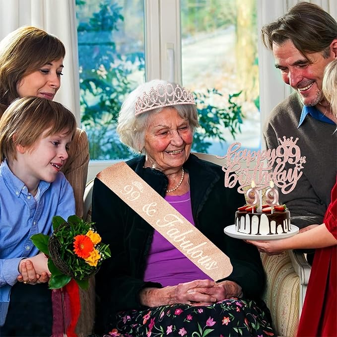 99th Birthday Decorations for Women with 99th Birthday Sash and Tiara, Cake Topper and Candles, Number Balloons, 99 Year Old Gifts for Women