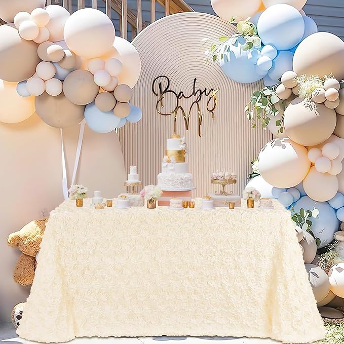 3D Satin Rosette Rectangle Tablecloth 90 x132 Inches Ivory Satin Raised Rosettes Tablecloth for Wedding Baby Shower Event Decoration