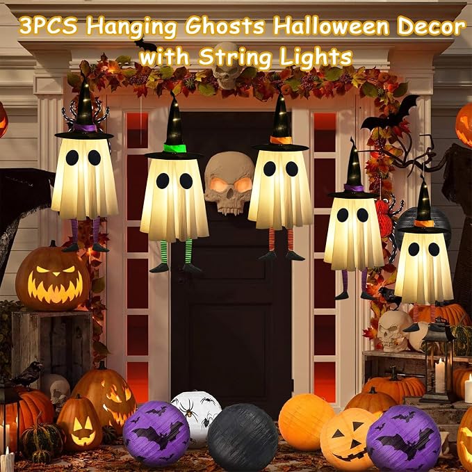 Halloween Hanging Ghosts, Halloween Ghost Decor with Witch Hat for Outdoor | Set of 3, Unique Ghost & Witch Fusion Design, Indoor and Outdoor Use, Cute and Spooky Design, Soft Lightweight Fabric
