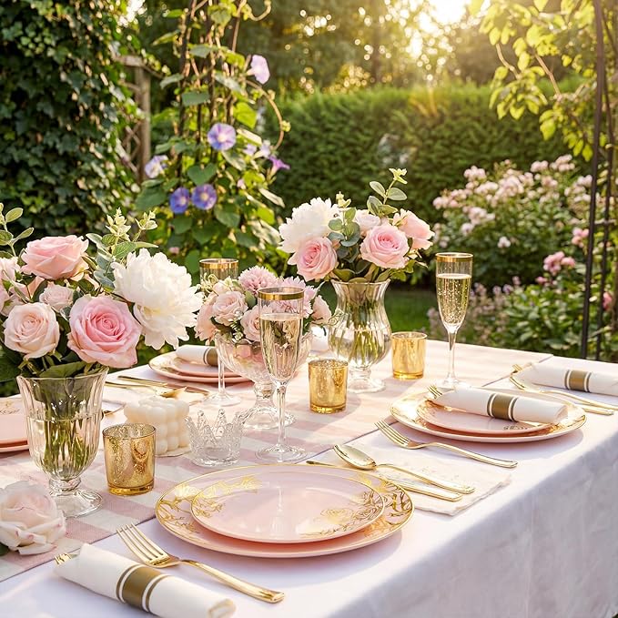 DaYammi 210Pcs Pink Gold Plastic Plates Floral Plates,Pink Disposable Dinnerware Set Includes 60 pink Plate,30 gold Plastic Silverware,30 Per Rolled Napkins,30 Cups,Party plates for Mother's Day Party