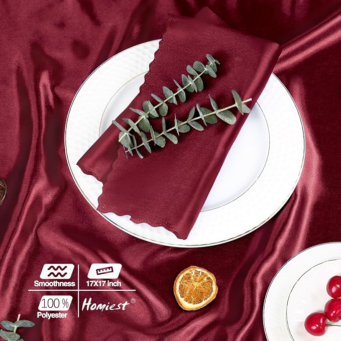 Homiest Burgundy Satin Napkins - 100 Pack, 17x17 Inches, Scalloped Square, Silky Elegant Wedding Napkins for Restaurant, Banquet, Graduation Party
