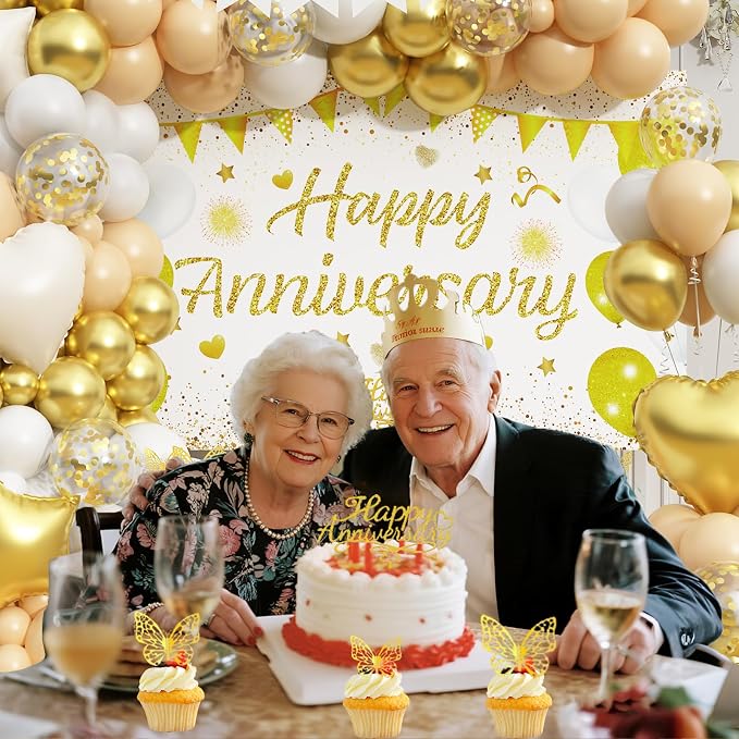 Happy Anniversary Decorations, 89pcs Wedding & Work Anniversary Party Decorations for Women Men, 50th 60th 30th 20th, Backdrop, Banner, Tablecloth, Foil & Latex Balloons, Cake Topper