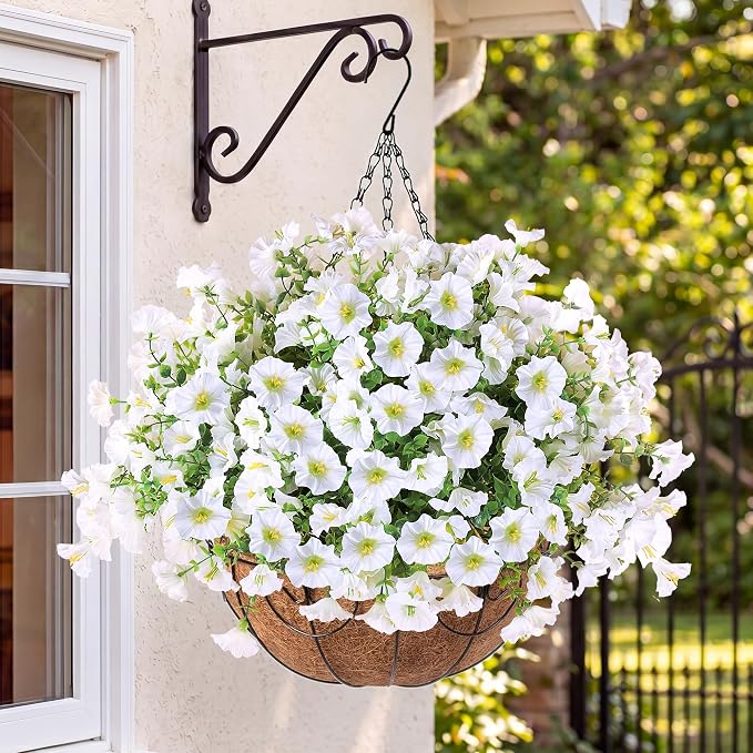 Sggvecsy Artificial Flowers for Outdoors with Baskets Hanging Plant Faux Flowers UV Resistant Fake Silk Morning Glory with Eucalyptus for Planter Porch Garden Home Spring Summer Decoration(White)