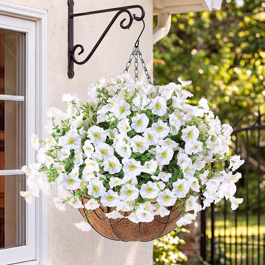 Sggvecsy Artificial Flowers for Outdoors with Baskets Hanging Plant Faux Flowers UV Resistant Fake Silk Morning Glory with Eucalyptus for Planter Porch Garden Home Spring Summer Decoration(White)