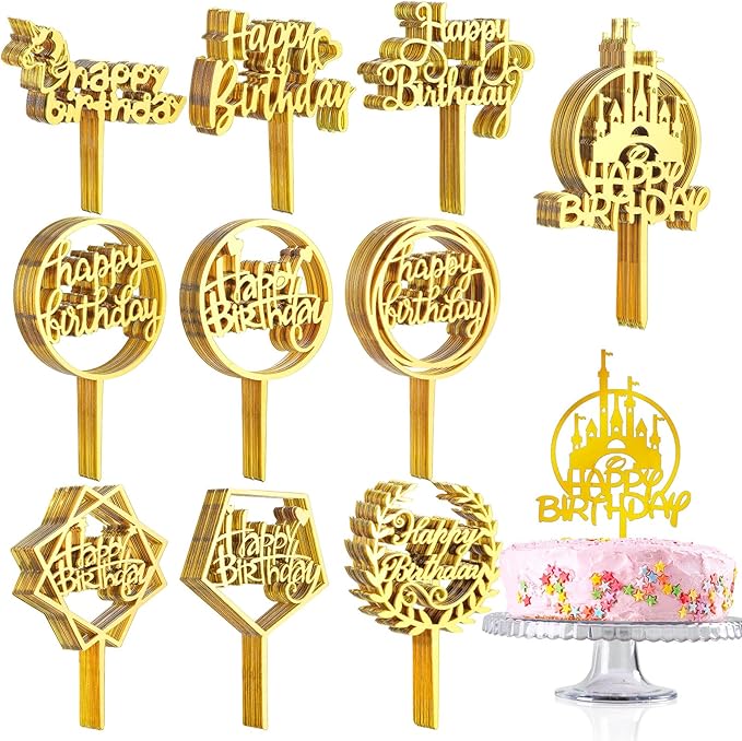 150 Pcs Happy Birthday Cake Toppers Acrylic Cake Topper Glitter Birthday Cake Decorations Double Sided for Adults Various Cake Decoration Party Supplies(Gold,Cute)