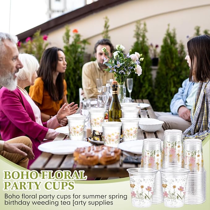 Hushee Boho Wildflower 60 Pcs Party Cups 16 oz Plastic Disposable Drinking Cups for Birthday Love Baby in Bloom Baby Shower Summer Fresh off The Market Bridal Shower Decorations Supplies
