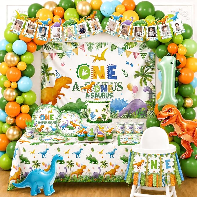 One a Saurus Birthday Decorations - 250Pcs Dinosaur Themed Party Supplies with Tableware Balloon Arch Garland Backdrop Banner Cake Topper,1st Birthday Decorations Boy