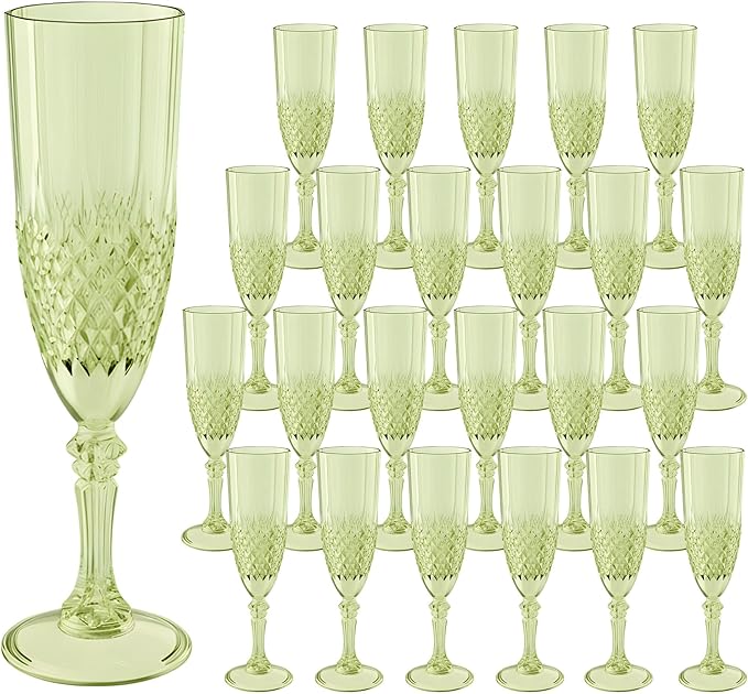 Plastic Champagne Flutes, Champagne Glasses Bulk, Reusable Unbreakable Acrylic Wine Glasses Goblets for Weddings Bachelor Parties Toasting Bridal Shower (24, Green)