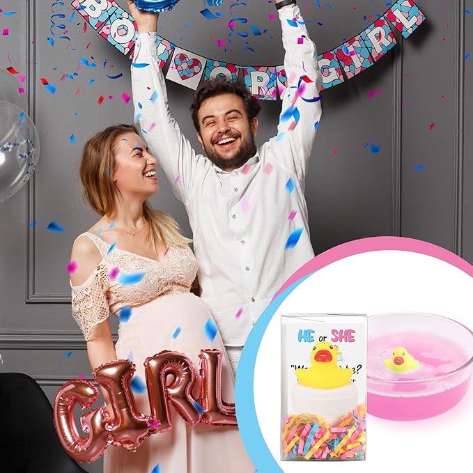 2 Pcs Duck Gender Reveal, Bath Bomb Ducks Pink or Blue for Baby Shower Party Gift with PVC Box, Card & Confetti for Gender Reveal Birthday Party Decorations
