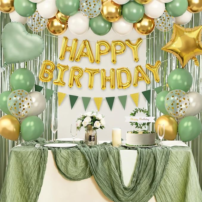 Sage Green Birthday Decorations, Boho Birthday Party Decorations with Green Gold Balloons Table Runner Happy Birthday Banner, Neutral Birthday Decorations for Women Adults