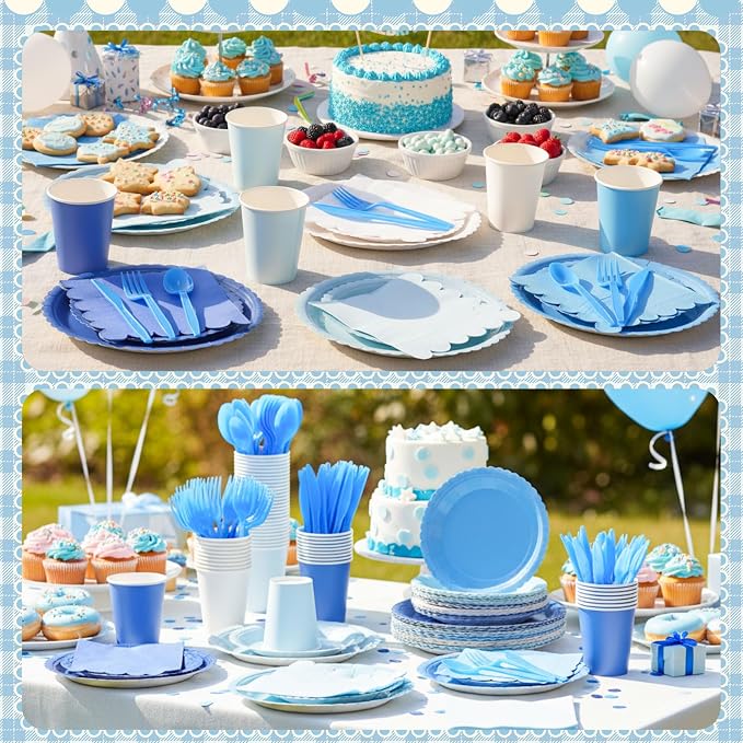 Zhehao 175 Pcs Blue Party Supplies Set Blue Disposable Tableware Kit with Plates, Cups, Napkins, Cutlery Ocean Sea for Shark Pool Baby Shower, Birthday, Wedding Forest Events