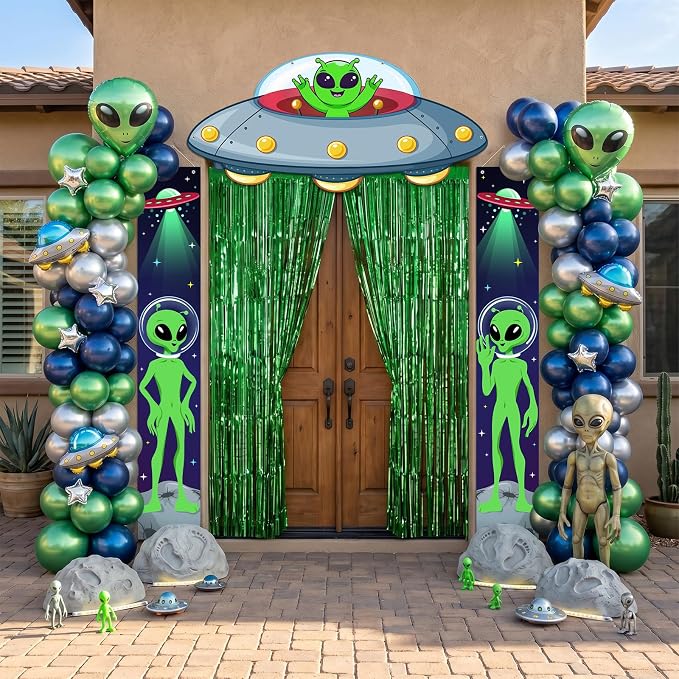 Avezano Alien Party Decorations Set Alien Birthday Party Supplies | 5Pcs, UFO Backdrop Porch Sign Banner Green Foil Fringe Curtains for Boys Men, Photo Booth Props