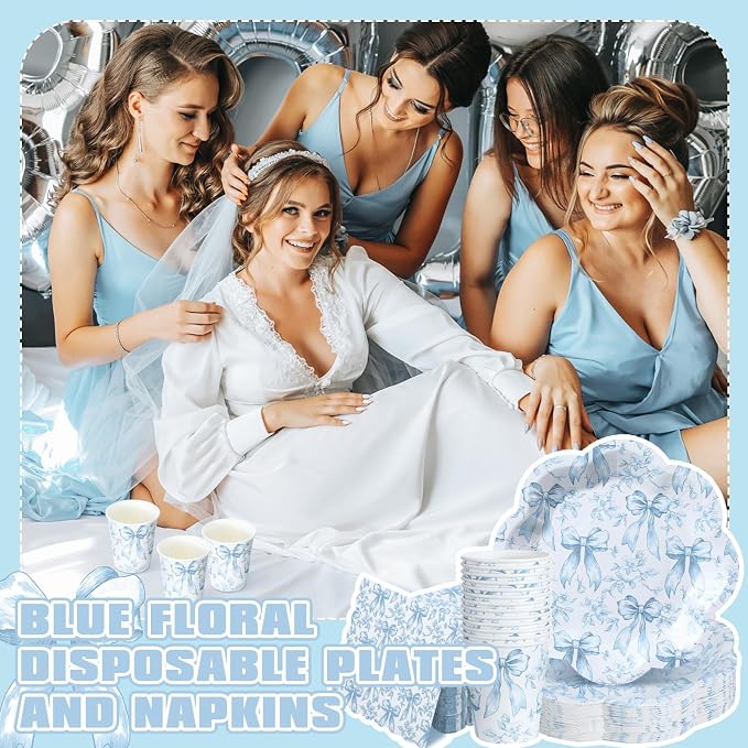 Newtay 250 Pcs Blue Bow Floral Disposable Plates and Napkins Bow Coquette Disposable Tableware Set for 50 Guests Blue Flower Paper Plates Napkins Cups for Wedding Bridal Shower Party Supplies
