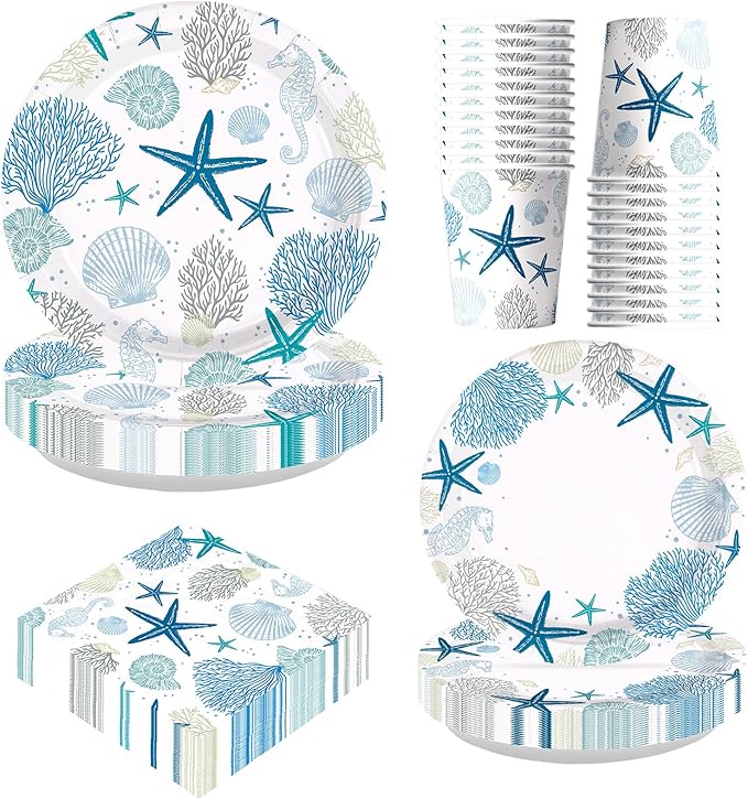 250Pcs Ocean Coastal Party Decorations Blue Seashell Starfish Coral Plates Napkins Cups Beach Ocean Sea Tableware Set for Summer Beach Holiday Birthday Dinner Party Supplies Serves 50