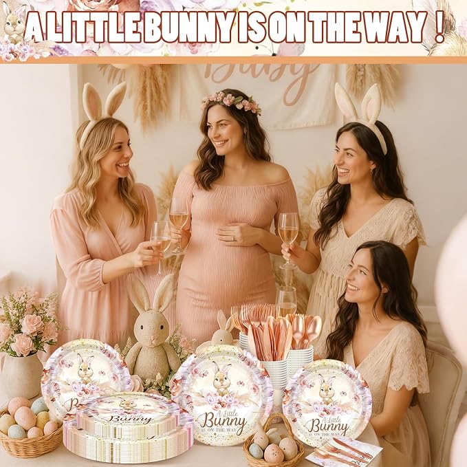 168 Pcs Bunny Baby Shower Decorations A Little Bunny Is on The Way Baby Shower Party Supplies Pink Easter Rabbit Disposable Tableware Set Serve 24