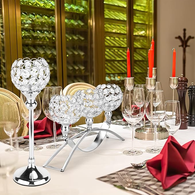 Silver Crystal Candle Holders, Decorative Arch Candelabra Centerpieces for Tables, 3-Arm Candlesticks Holder and 2 Glass Holders, Silver Table Decor for Wedding, Party, Anniversary