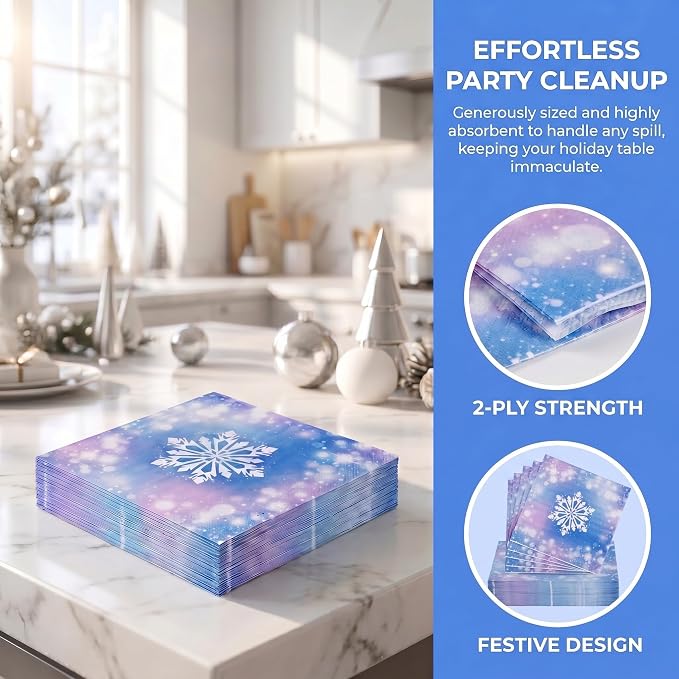 400 Pcs Disposable Winter Frozen Tableware Set for 50 Guests | Heavy-Duty 7" & 9" Paper Plates, Cups, 13" Napkins & Plastic Cutlery Snowflake Party Supplies for Large Winter Gatherings