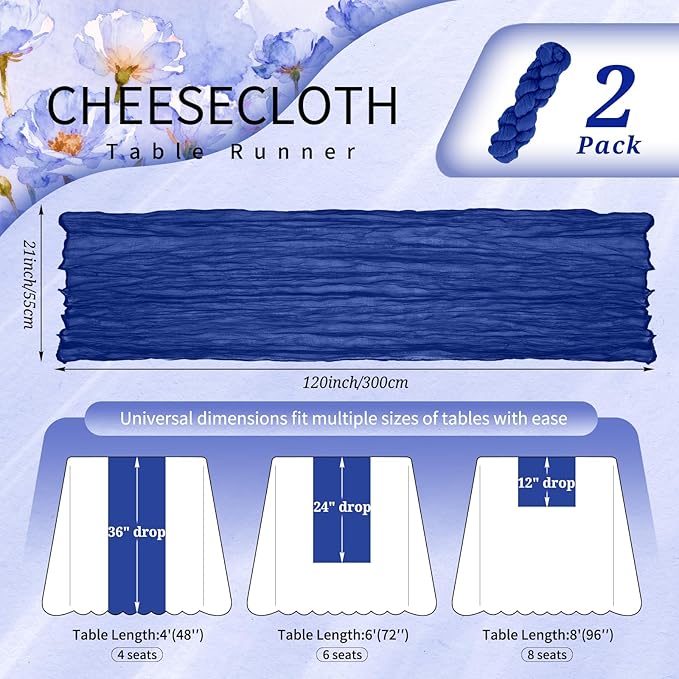 2 Pack Cheesecloth Table Runner 10FT Royal Blue Table Runner Boho Gauze Cheese Cloth Table Runners Long Rustic Sheer Table Decorations for Wedding Party Baby Bridal Shower Birthday Holiday Home