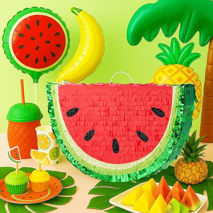 WERNNSAI Watermelon Piñata - Fruit Theme Summer Birthday Party Decorations Kids Fruit Piñata with Blindfold and Bat for Summer Tropical Party Supplies Fiestas Carnival Game