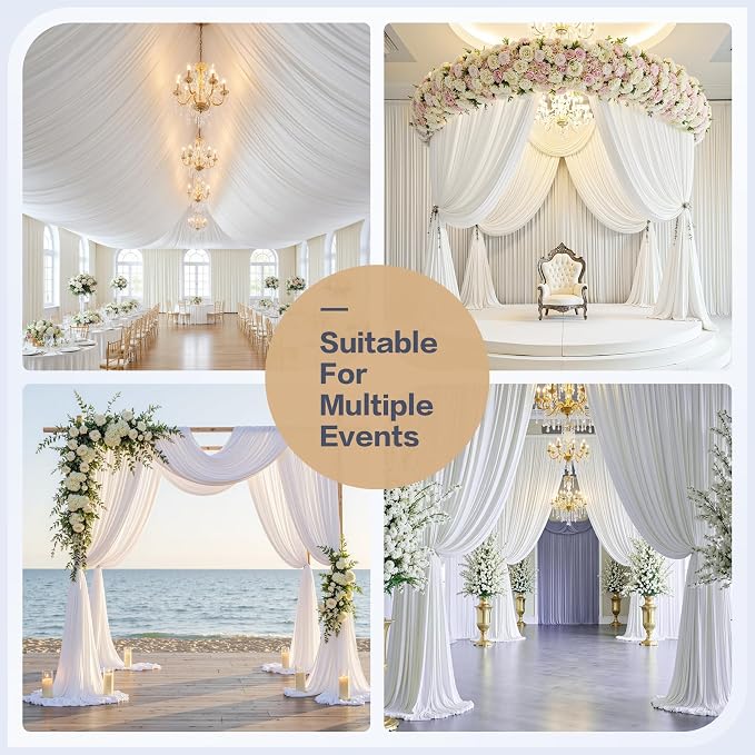 20x16ft White Backdrop Curtains for Wedding Party, 4 Panels 16 ft Long Back Drop Cloth, Wrinkle-Free Polyester Drapes for Birthday, Baby Shower, Stage Photography Background