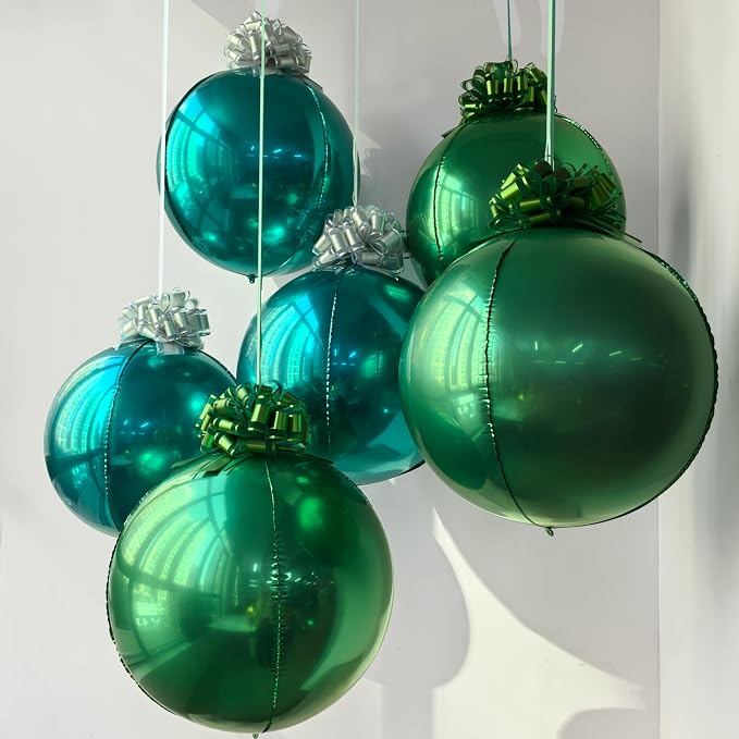 6 Pack Teal Blue & Grass Green 4D Metallic Orb Ornament Balloons with 12 Pull Gift Ribbon Bows – Ceiling Hanging Balloon Set for Jungle Party, Safari Birthday, Summer Party & Tropical Decorations