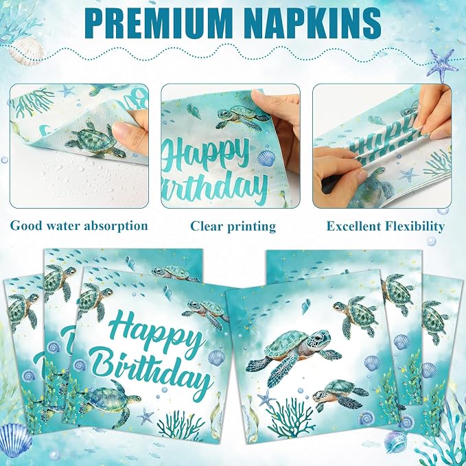 96Pcs Ocean Turtle Birthday Party Decorations Ocean Sea Party Tableware Turtles Paper Disposable Plates Napkins Under the Sea Animal Supplies for Pool Beach Underwater Birthday Decor Serves 24 Guests