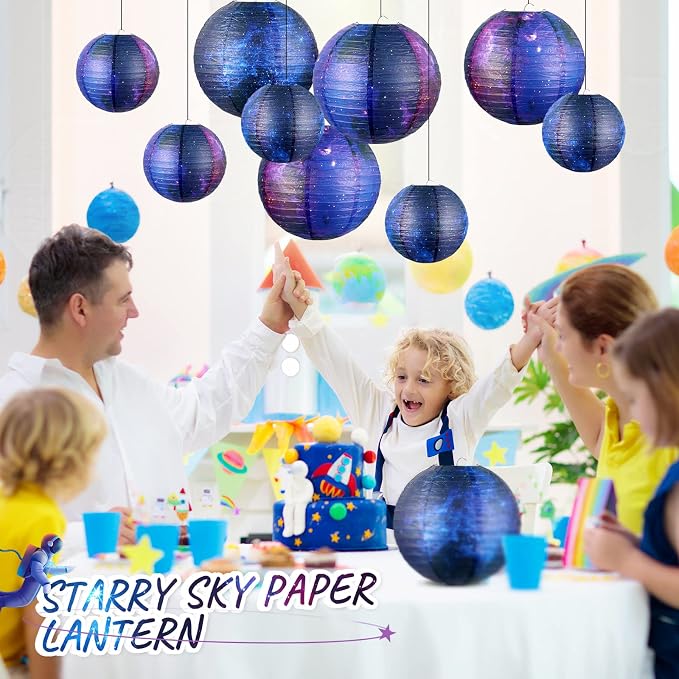 10 Pieces Galaxy Print Paper Lanterns Chinese Japanese Space Themed Hanging Paper Lanterns Galaxy Themed Party Supplies Ceiling Decor for Home Birthday Party Decor(8 Inch/ 6 Inch)