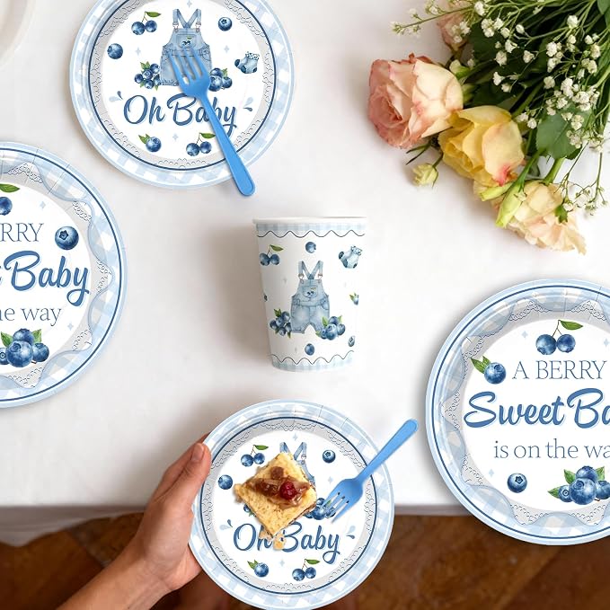 Blueberry Baby Shower Decorations, 212 Pcs Blue Berry Sweet Banner, Balloons, Plates and Napkins Set, Tablecloth Berry Sweet Blueberry Themed Baby Shower Party Decorations Supplies