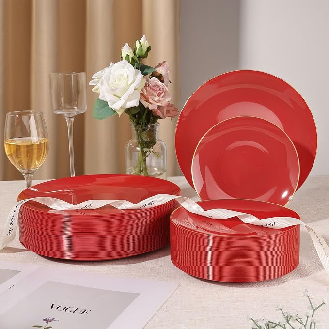 350 PCS Red Plastic Dinnerware Set, Red and Gold Rim Disposable Plates for Party, Include 100 Plates with 150 Plastic Cutlery, 50 Napkins and 50 Cups