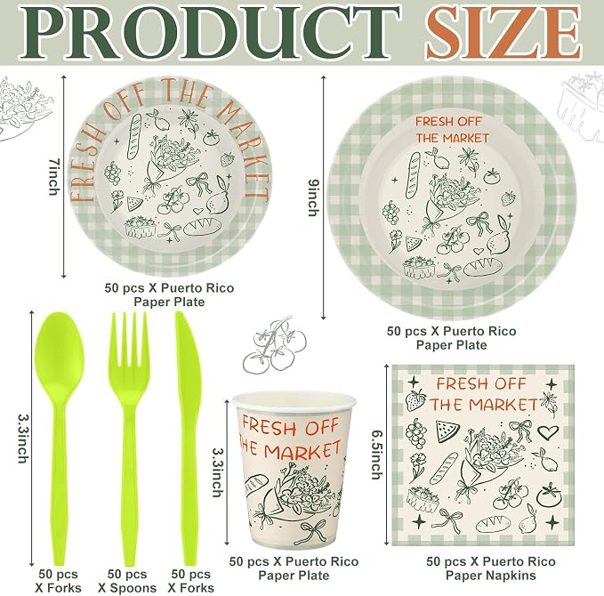 FoldTier 350 Pcs Fresh off the Market Bridal Shower Party Tableware - Paper Plate, Napkin, Cup, Cutlery, Disposable Fresh off the Market Party Decorations for Family and Friends, 50 Guests
