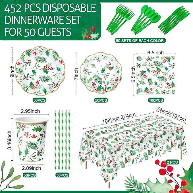 Funnymoom 452 Pcs Christmas Party Supplies for 50 Guest, Holly Berry Leaves Holiday Xmas Paper Plates Napkins Cups Tablecloth Cutlery Straws Disposable Tableware for Merry Christmas Party Decorations