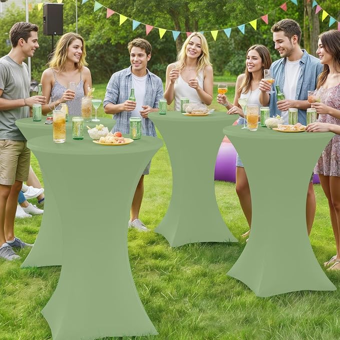 Moosfor Spandex Cocktail Table Covers 4 Pack, Elastic Fitted Stretch Table Cloth, Round High Top Tablecloths for Bar, Party, Pub, Wedding & Banquet (Sage Green, 32x43 Inch)
