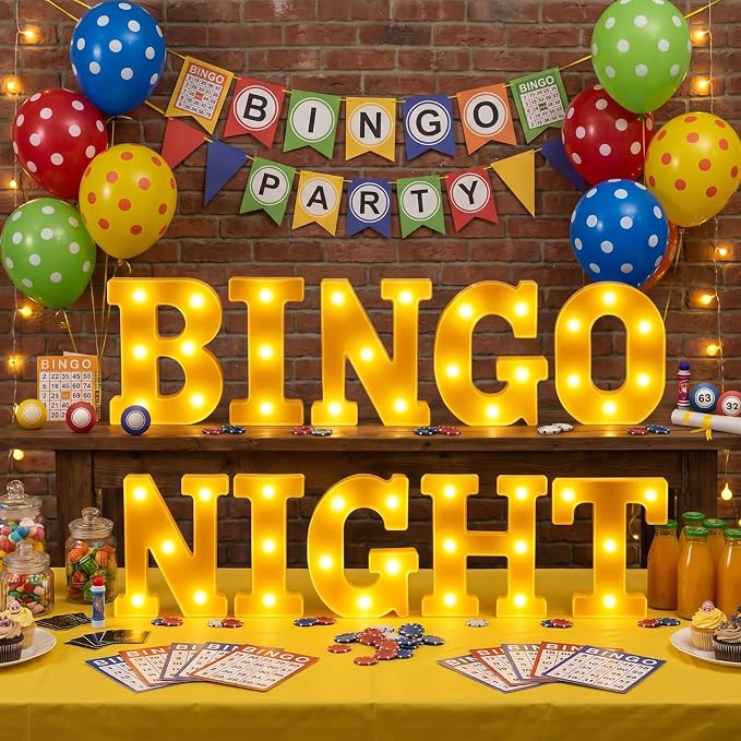 Honoson 10 Pcs Bingo Night Decorations Lights up Sign 6.42 Inch Bingo Theme LED Neon Sign Marquee Lights Supplies for Family Game Night Birthday Party Decor