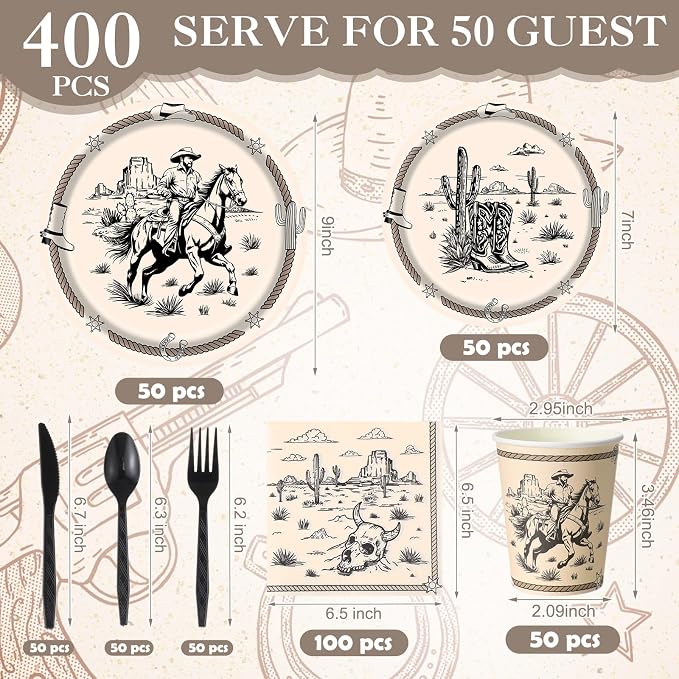 Pickmesh 400 Pcs Western Cowboy Party Plates and Napkin Decoration Wild West Rodeo Paper Tableware Cups Knives for Rodeo Bachelorette and Wild Cowboy Birthday Party Supplies Serve 50