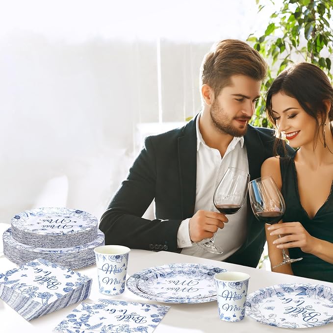 Zhehao 250 Pcs Bridal Shower Decorations Bride to Be Bridal Shower Plates Napkins Sets 50 Pcs 9'' Dinner Plates and 7'' Dessert Plate and 9oz Cups 100 Napkins Serves 50 Engagement Supplies