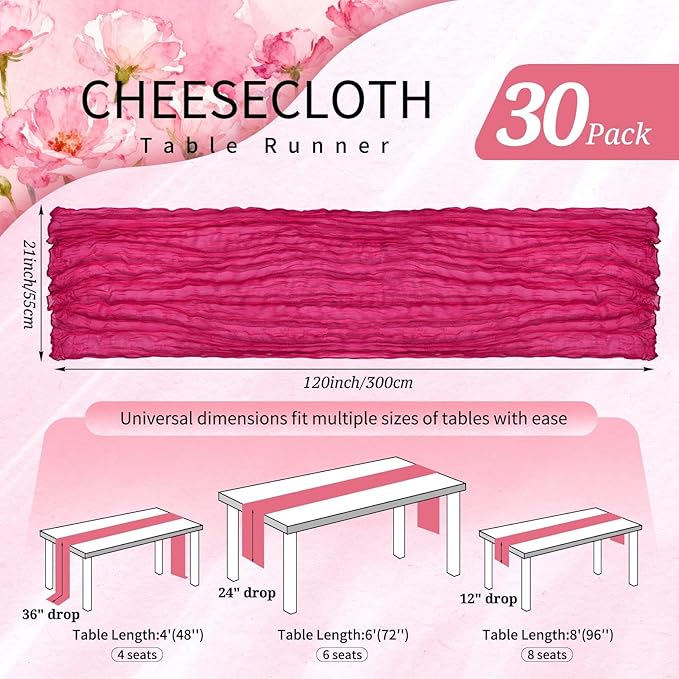 30 Pack Cheesecloth Table Runner 10FT Hot Pink Table Runner Boho Gauze Cheese Cloth Table Runners Long Rustic Sheer Table Decorations for Wedding Party Baby Bridal Shower Birthday Holiday Home