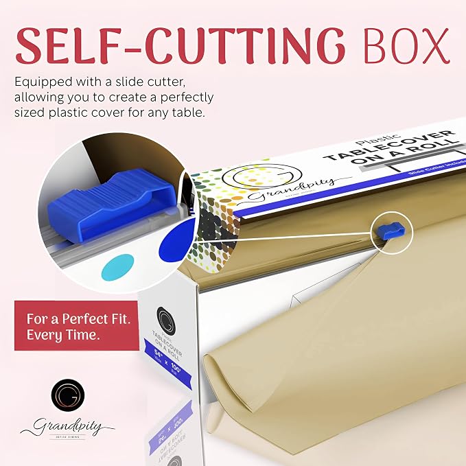 Grandipity Plastic Tablecloth Roll - 54in x 100 Ft. Beige Plastic Table Cloths for Parties Disposable with Cutter Box - Cut to Size Disposable Tablecloth Table Cover for Rectangle & Round