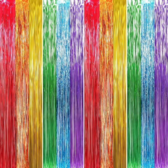 GOER 3.2 ft x 8.2 ft Metallic Tinsel Foil Fringe Curtains Party Photo Backdrop Party Streamers for Birthday,Graduation,New Year Eve Decorations Wedding Decor (4 Packs,Rainbow Colors)