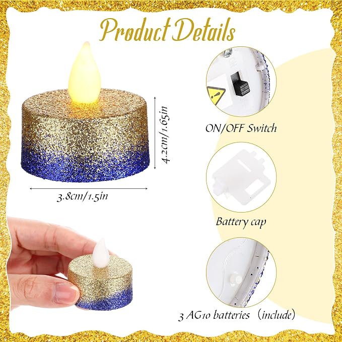 Retisee 48Pcs Flameless LED Tea Lights Glitter Electric Fake Candles for Centerpieces Battery Operated Anniversary Romantic Winter Decor for Wedding Christmas Birthday(Gold,Blue,1.65 Inch)