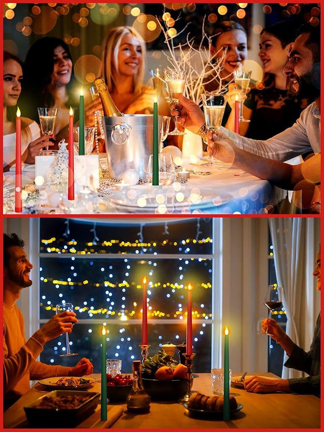 Funtery 48 Pcs Flameless LED Taper Candles Battery Operated Candles Bulk Realistic LED Candlesticks Flickering for Wedding Church Party Home Decor(Red, Green,11 Inch,Classic Style)