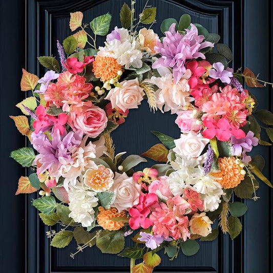 22-inch Pink Front Door Wreath Spring Artificial Rose Wreath Spring Summer Front Door Hallway Indoor Outdoor Decorative Festive Wedding Decorative