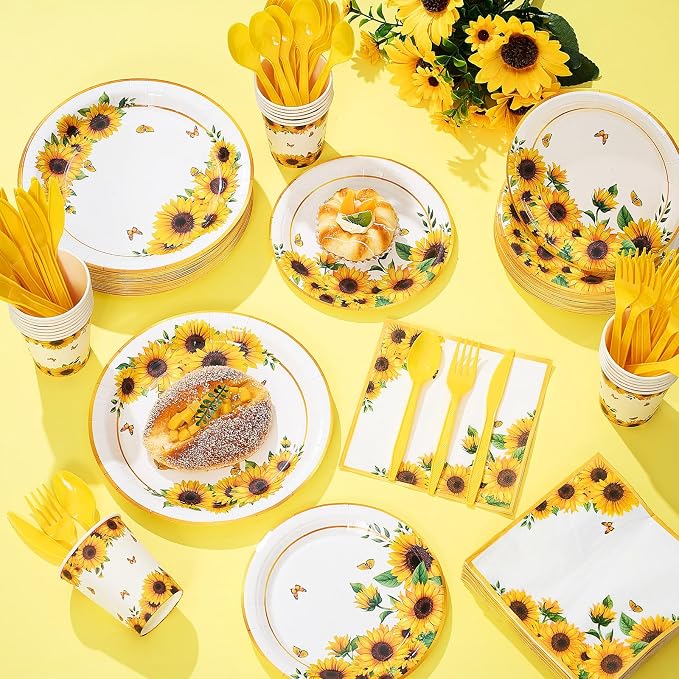 Funnymoom 400 Pcs Sunflower Party Supplies for 50 Guests Disposable Plates Napkins Cups Spoons Forks Knives for Birthday Wedding Bridal Shower Baby Shower Decorations(Yellow, Sunflower)