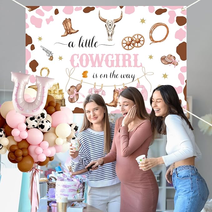 Cowgirl Baby Shower Decorations for Girl - Western Theme Party Supplies Include Balloon Garland Arch Kit, Backdrop, Tablecloth, 4 Boxes, Horseshoe Foil Balloon - A Little Cowgirl is on the Way Pink