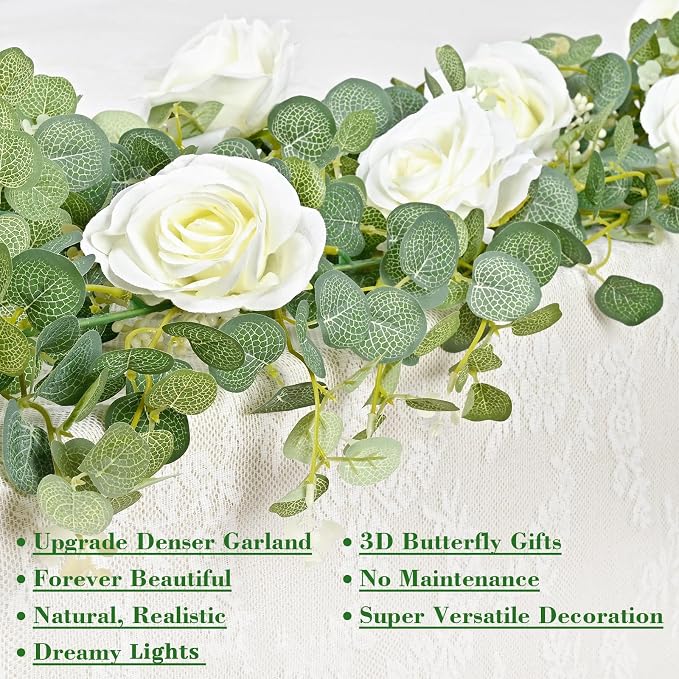 Yastouay 2 Pcs 13.1 Ft Fuller White Flower Garland with Light and 3D Butterfly, Artificial Eucalyptus Garland with Fake Rose for Table Centerpiece Wedding Arch Baby Shower Party Room Backdrop Decor