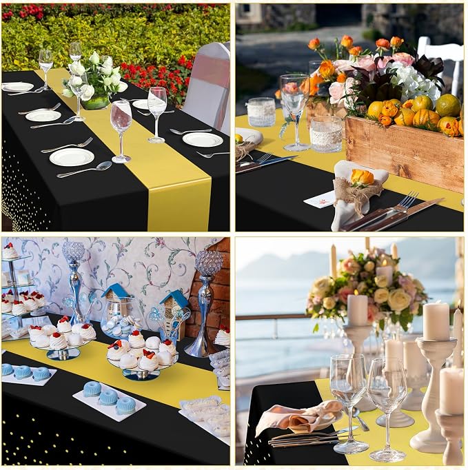 24 Pack Black and Gold Tablecloth and Table Runner Set Party Decorations, Black and Gold Plastic Disposable Tablecloth and Satin Table Runner for Wedding Birthday Bridal Graduation Anniversary Party